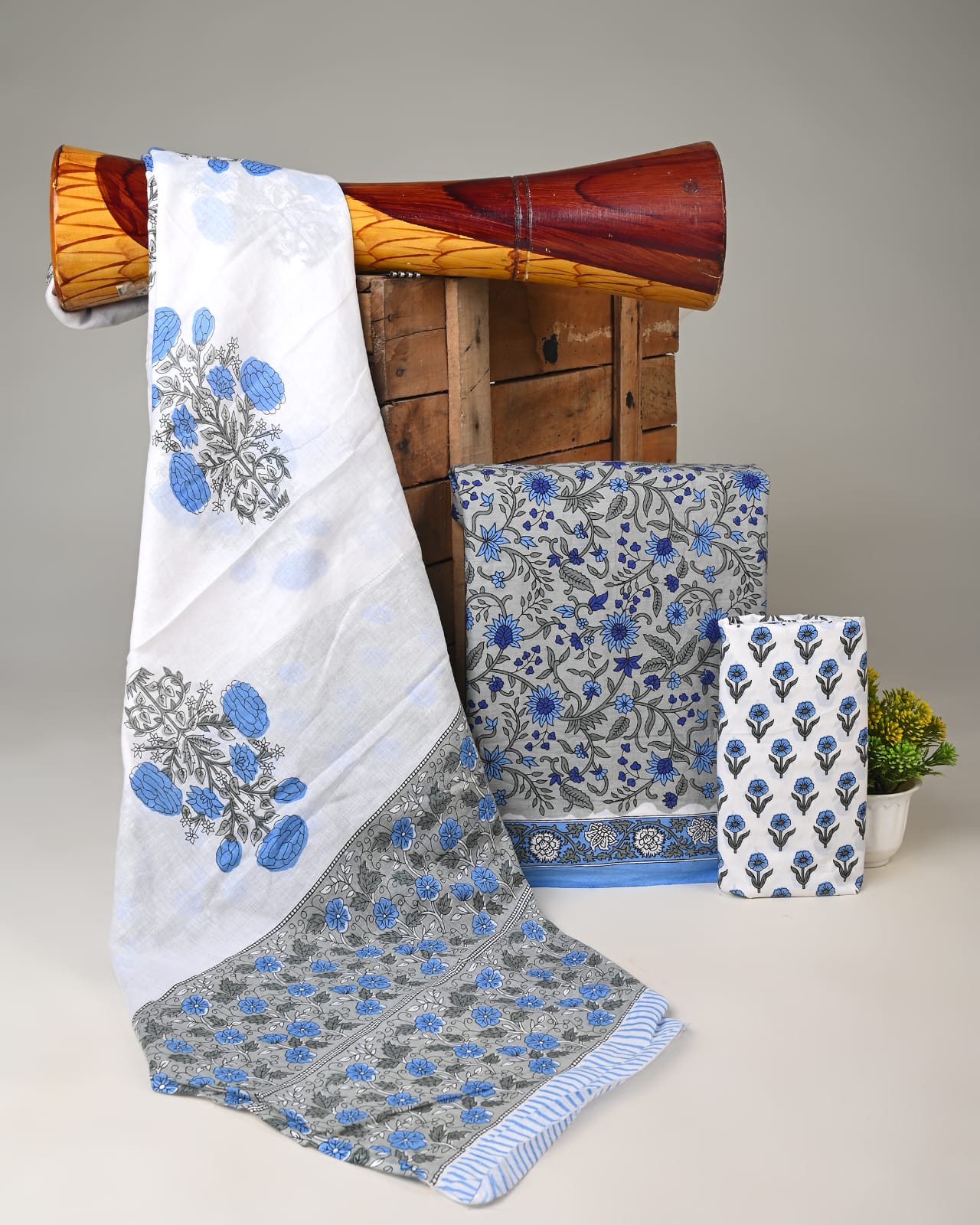 Pure cotton mulmul dress material wholesale in grey blue, handblock printed dress material for boutique, designer & bulk buyers – Fabtexs